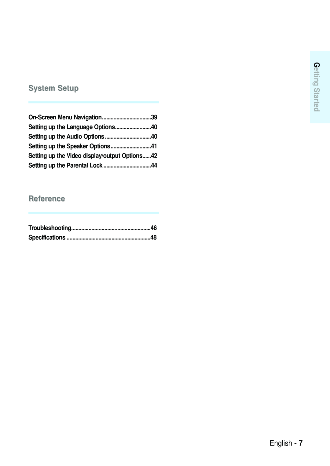Samsung Blu-ray Disc manual System Setup, Reference, Getting Started, English, On-ScreenMenu Navigation, Specifications 