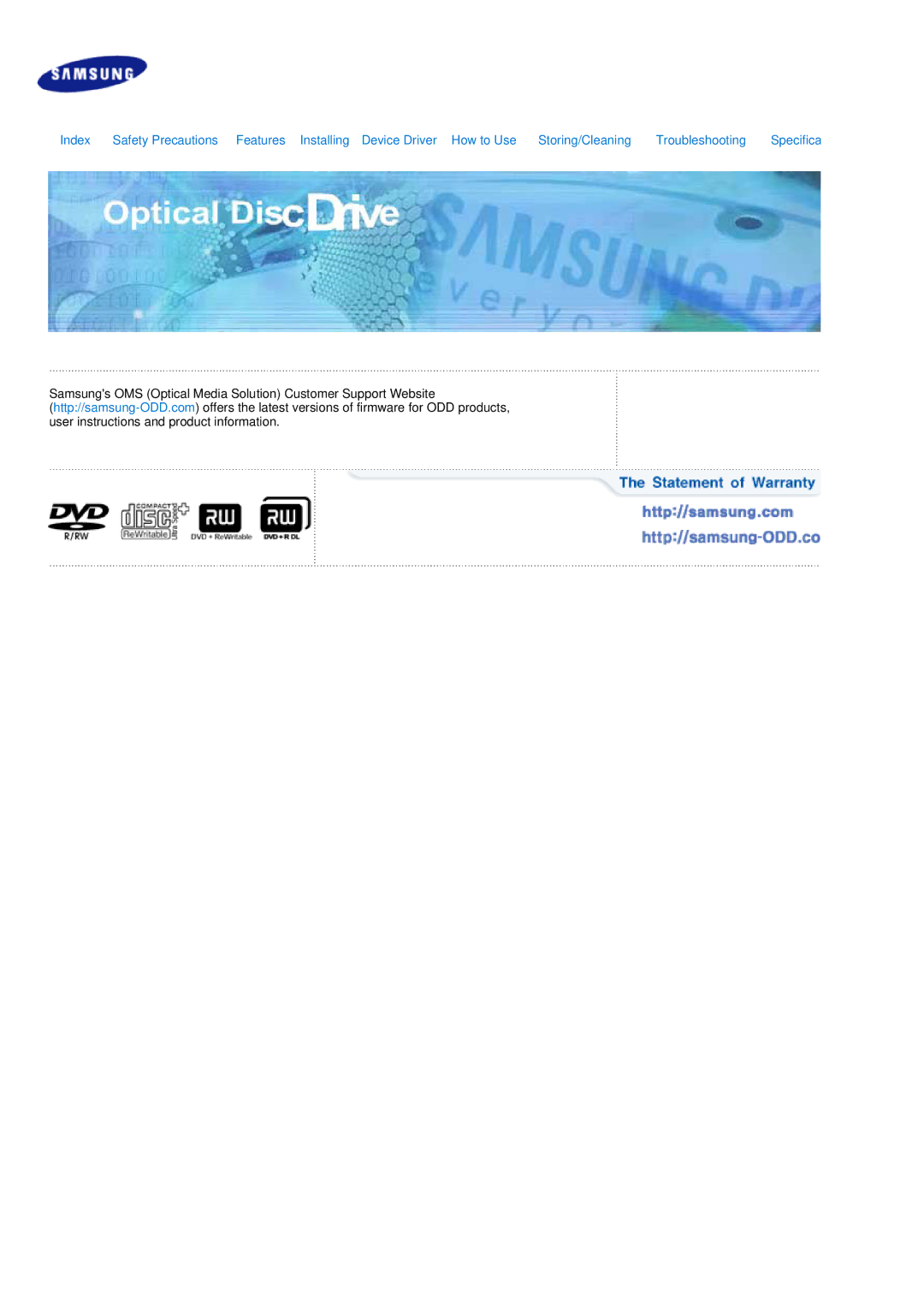 Samsung Blu-ray Player manual Samsungs OMS Optical Media Solution Customer Support Website 