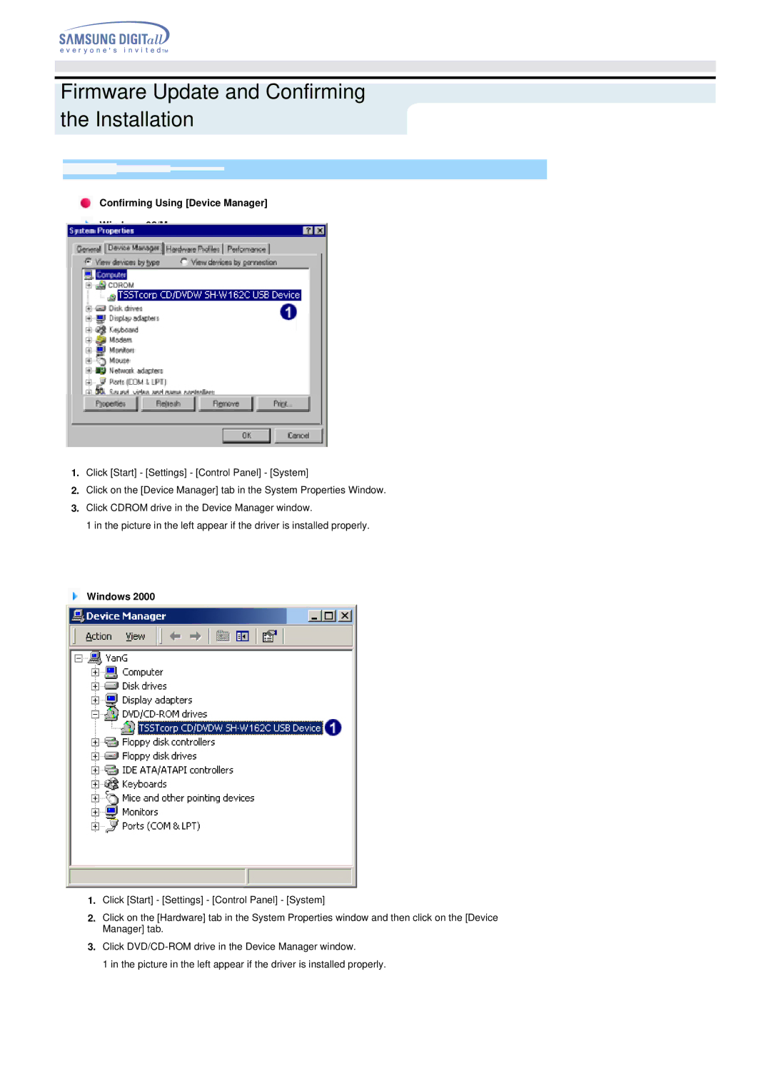 Samsung Blu-ray Player manual Confirming Using Device Manager Windows 98/Me 