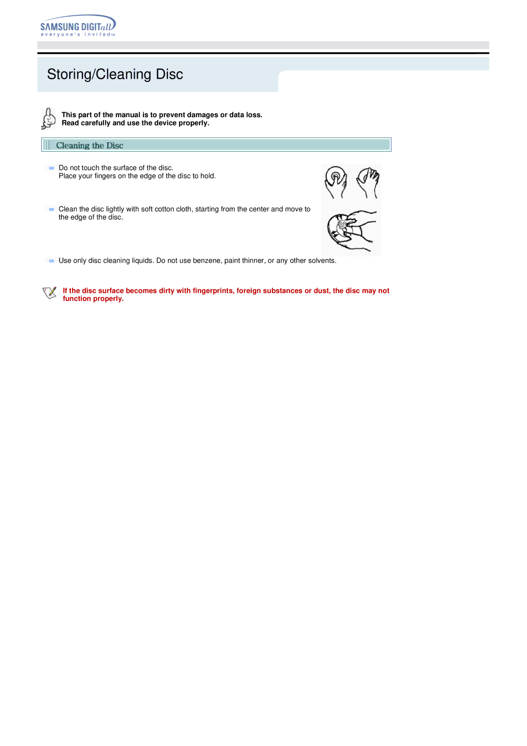 Samsung Blu-ray Player manual Storing/Cleaning Disc 