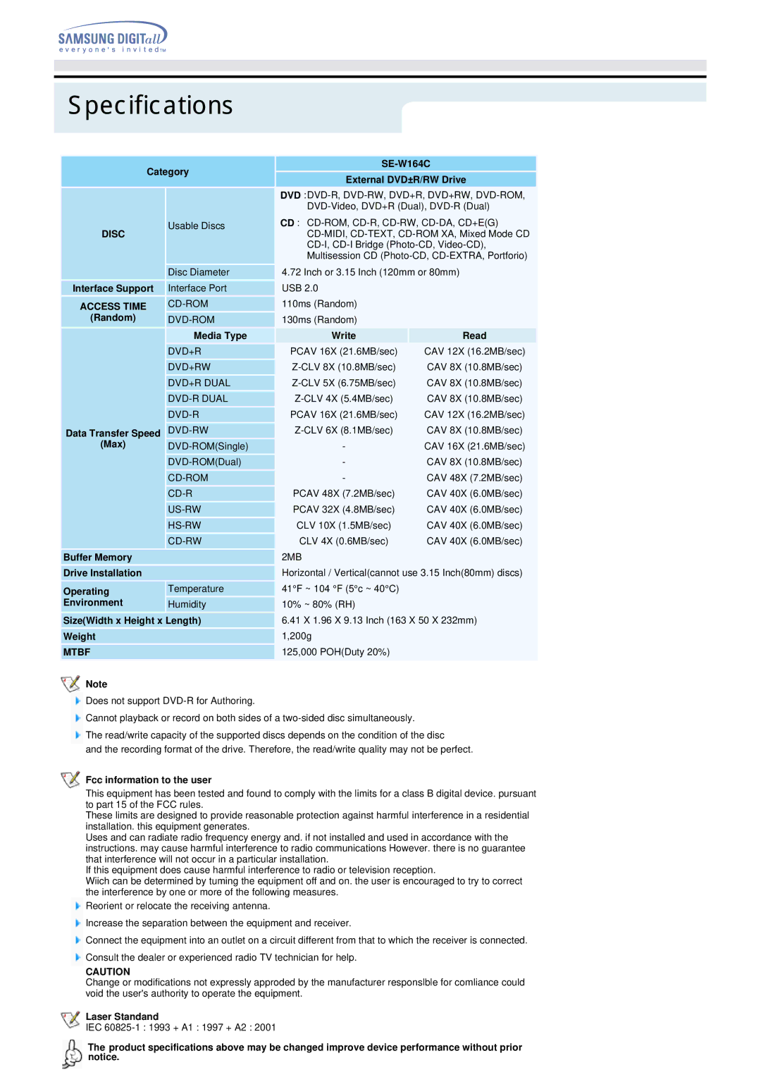 Samsung Blu-ray Player manual Category SE-W164C External DVD±R/RW Drive, Interface Support, Media Type, Write Read 