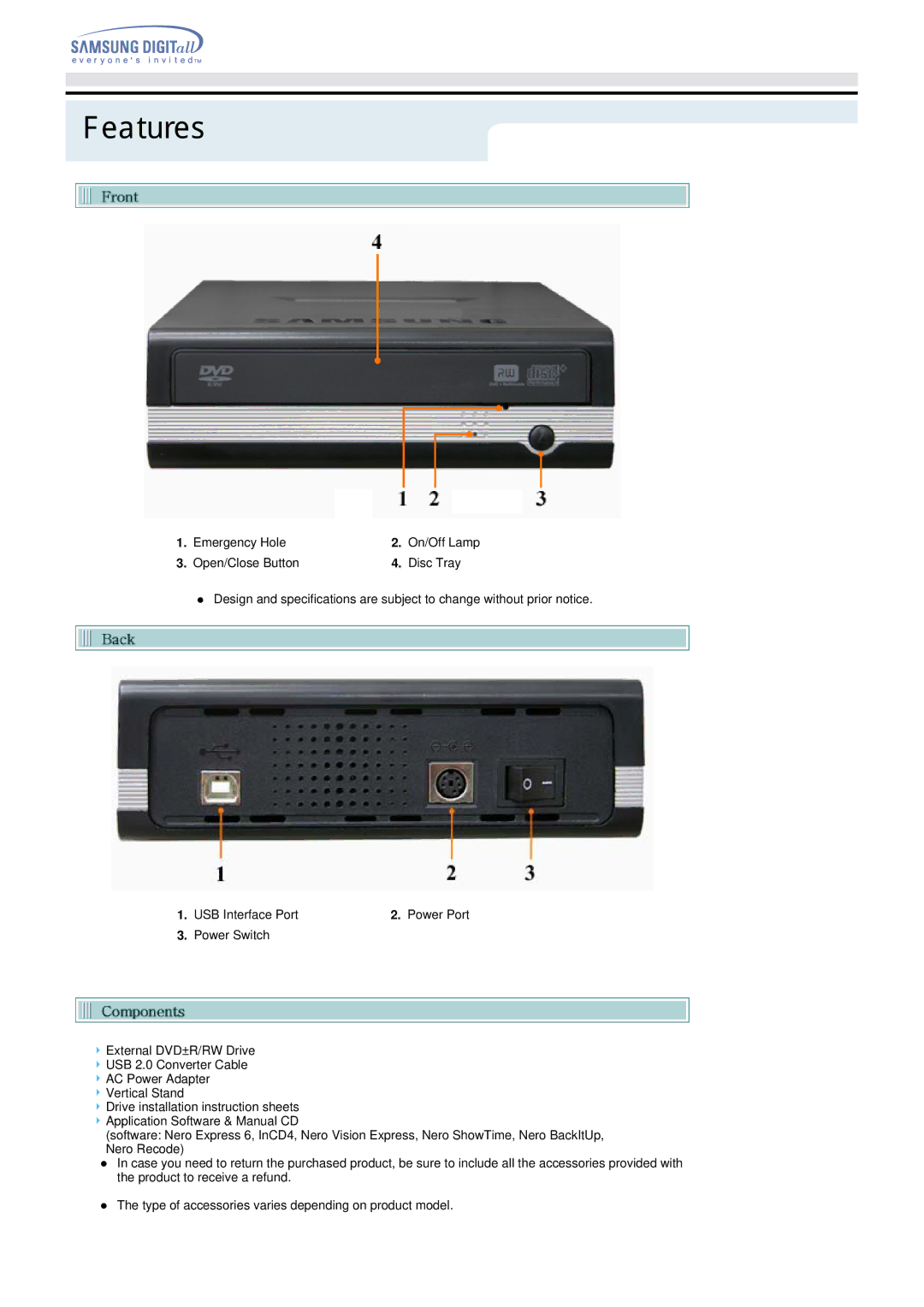 Samsung Blu-ray Player Emergency Hole On/Off Lamp Open/Close Button Disc Tray, USB Interface Port Power Port Power Switch 