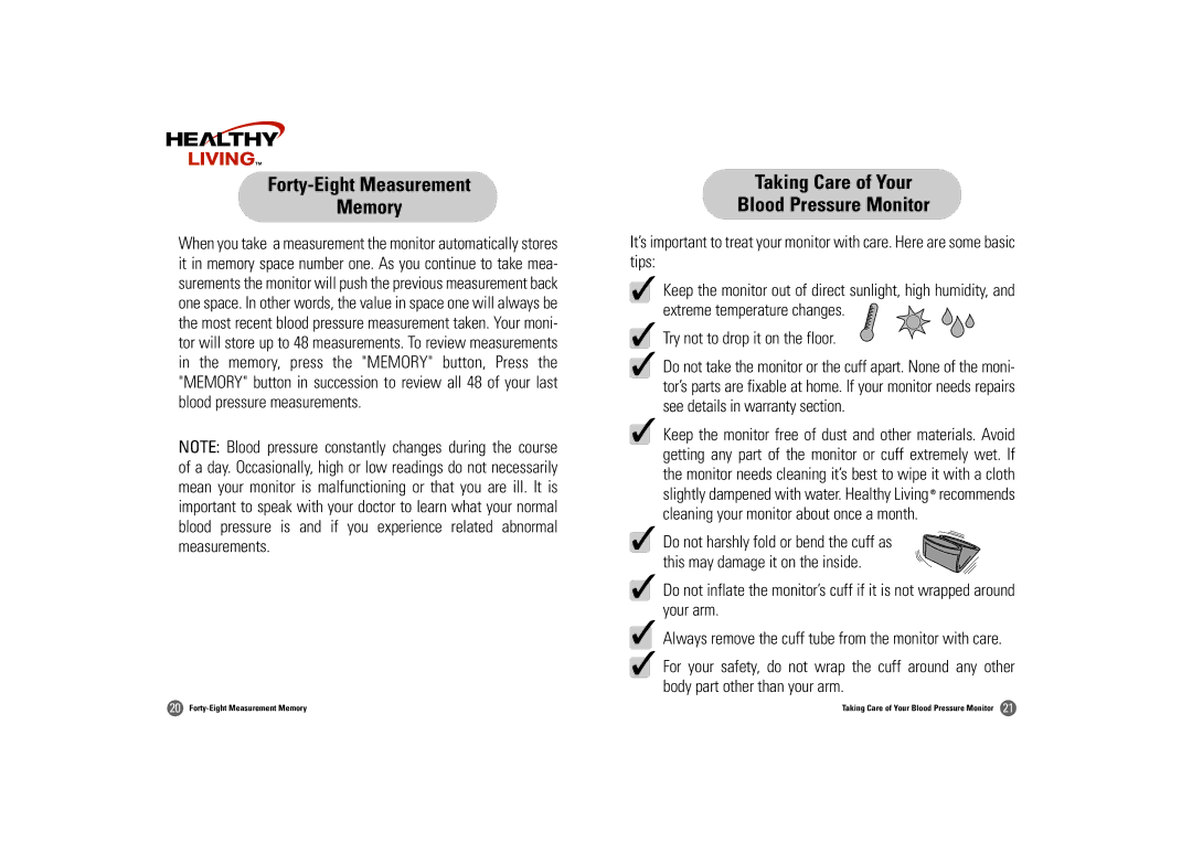 Samsung BM-501S owner manual Forty-Eight Measurement Memory, Taking Care of Your Blood Pressure Monitor 