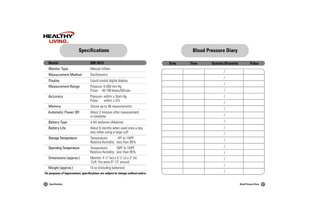 Samsung BM-501S owner manual Specifications, Blood Pressure Diary 