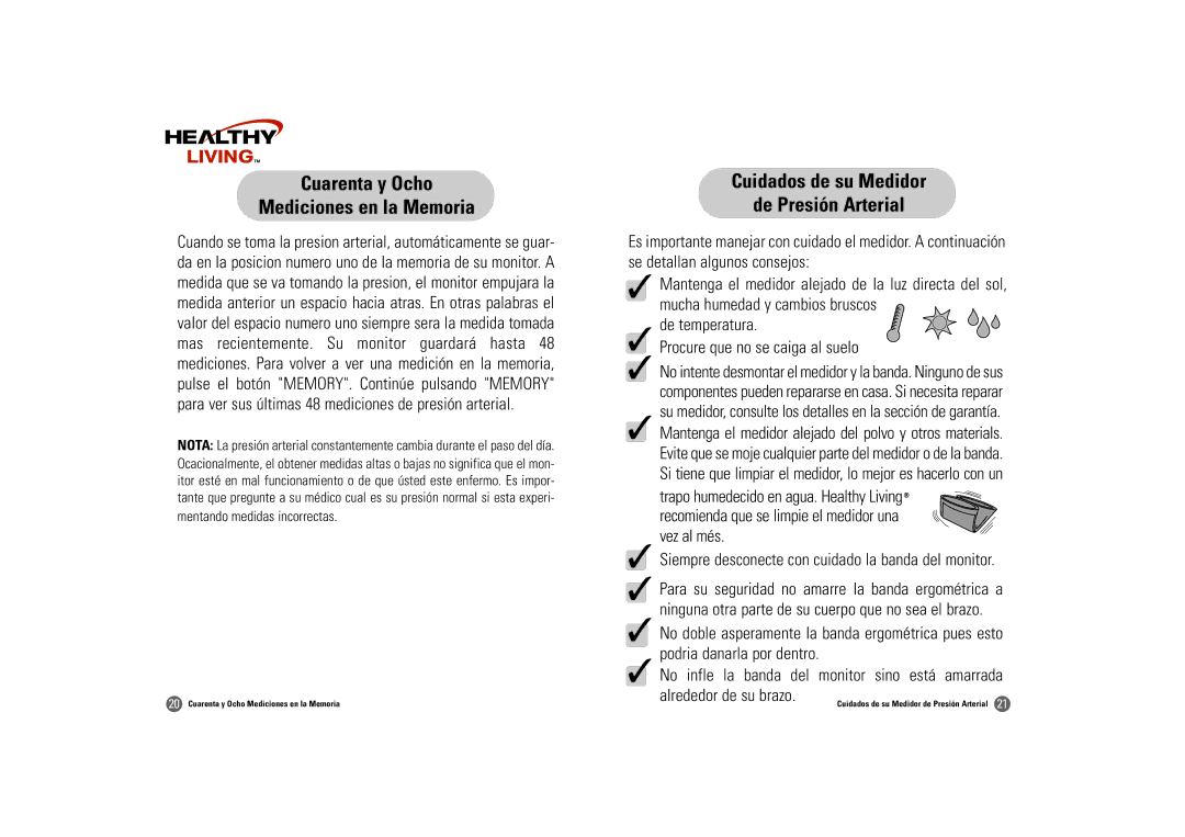 Samsung BM-501S owner manual Cuarenta y Ocho Mediciones en la Memoria, Cuidados de su Medidor De Presión Arterial 