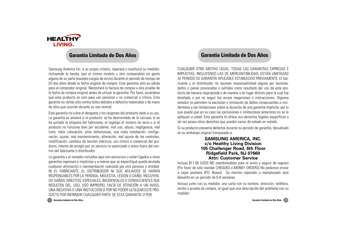 Samsung BM-501S owner manual Garantía Limitada de Dos Años 