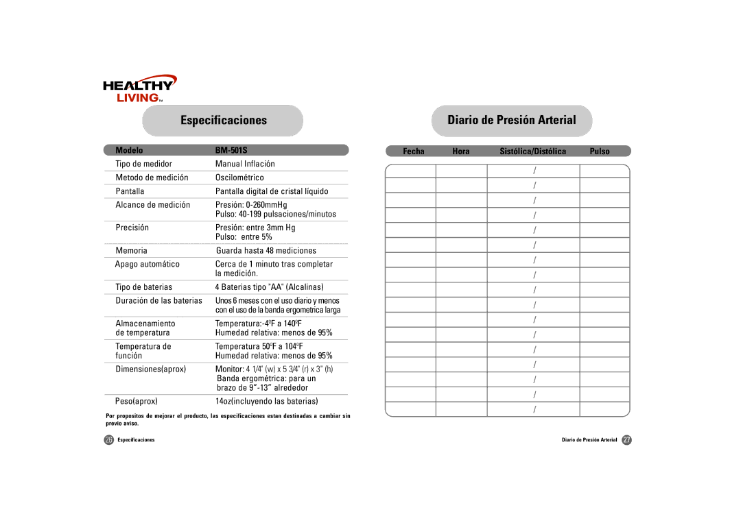 Samsung BM-501S owner manual Especificaciones, Diario de Presión Arterial 