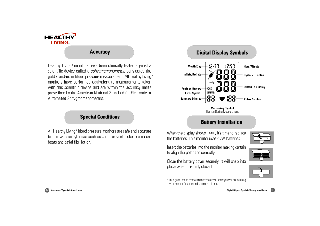 Samsung BM-501S owner manual Accuracy, Special Conditions, Battery Installation, Digital Display Symbols 