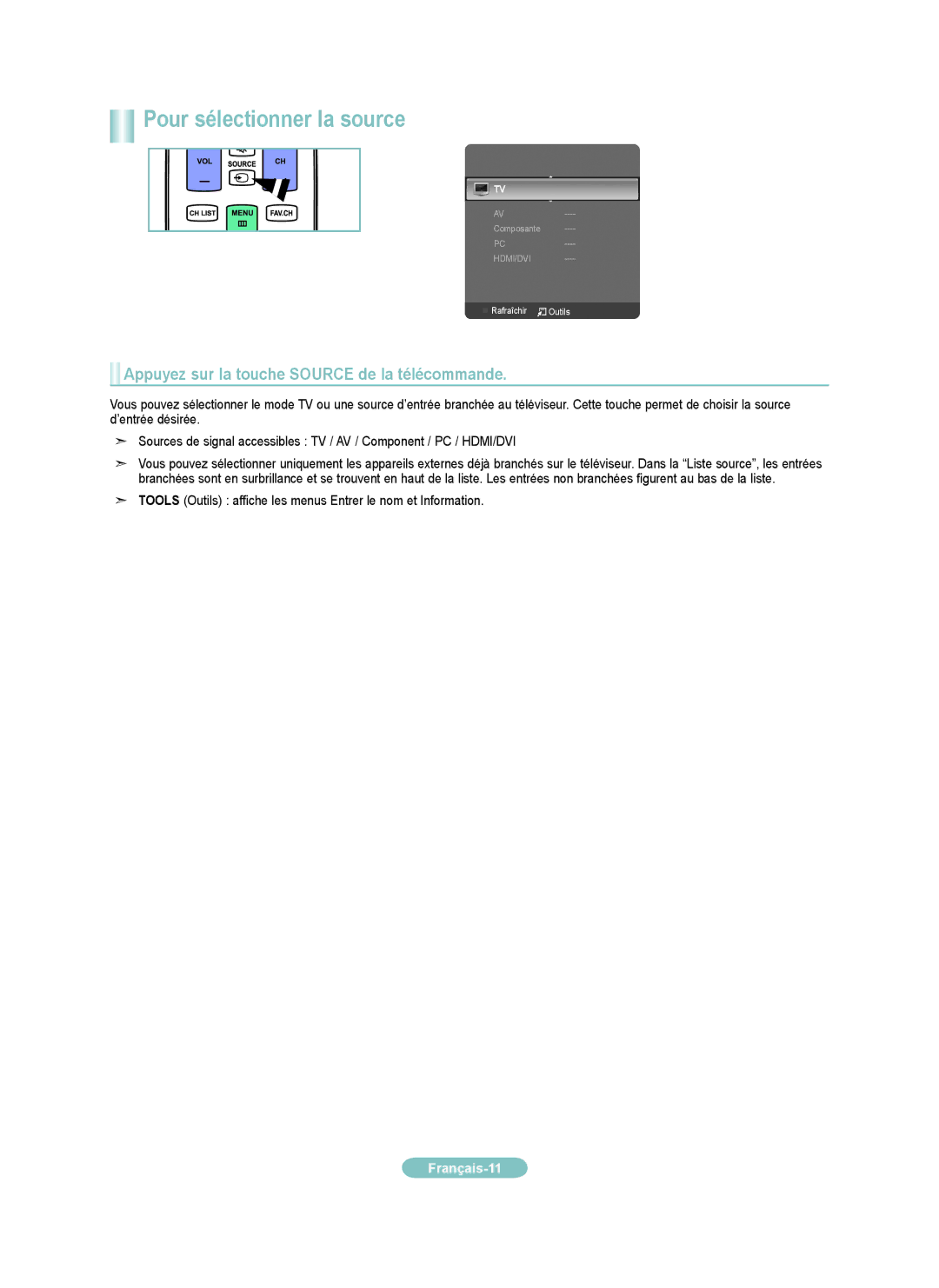 Samsung BN68-01976J-00, BN-01J-00 setup guide Pour sélectionner la source, Appuyez sur la touche Source de la télécommande 