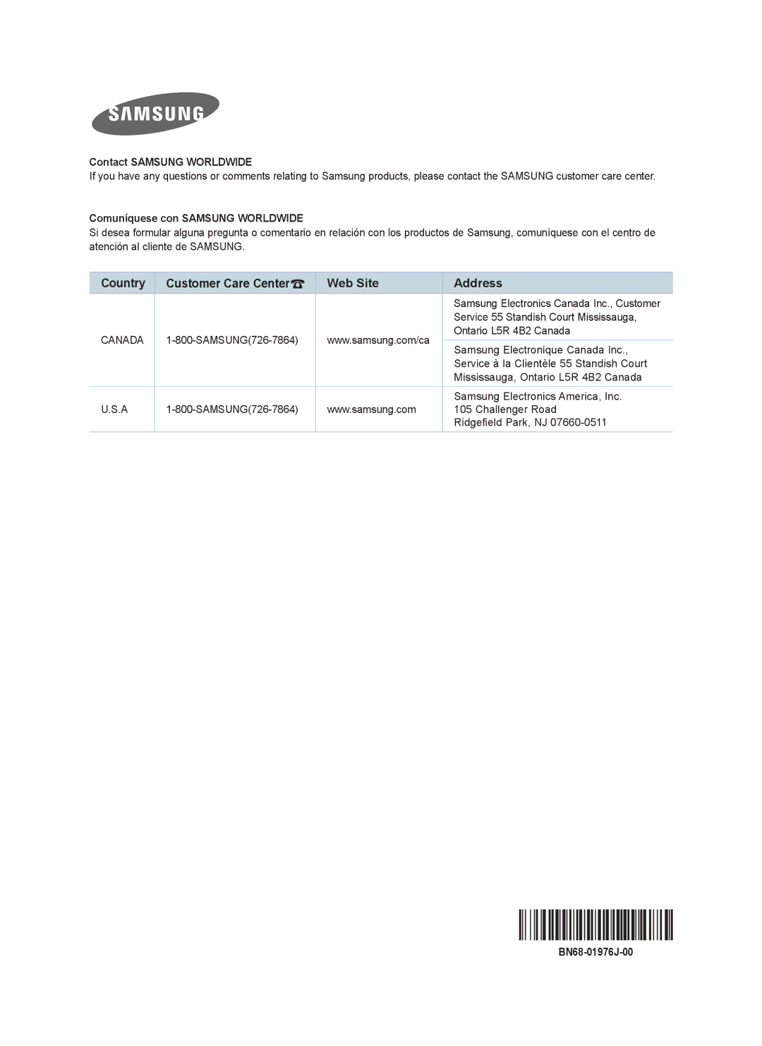 Samsung BN-01J-00 Contact Samsung Worldwide, Comuníquese con Samsung Worldwide, Samsung Electronics Canada Inc., Customer 