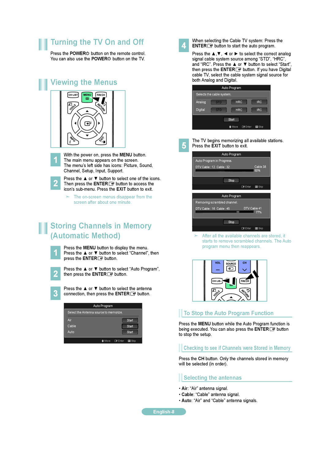 Samsung BN-01J-00 Turning the TV On and Off, Viewing the Menus, To Stop the Auto Program Function, Selecting the antennas 