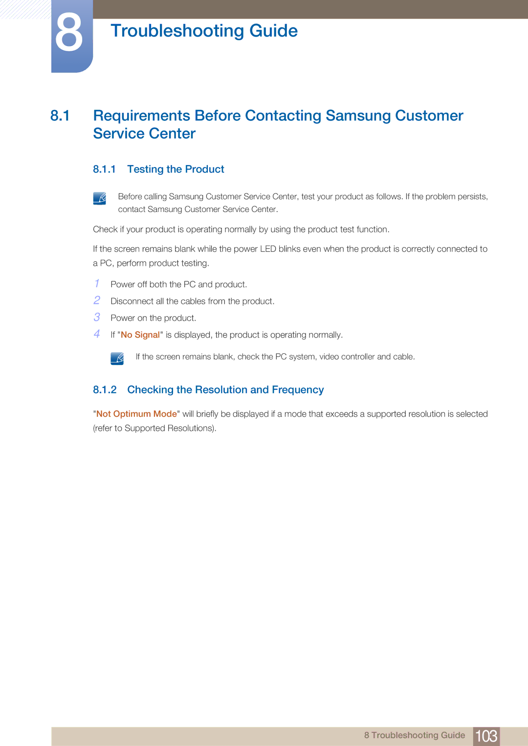 Samsung BN4600281A-01, BN46-00281A-01 Troubleshooting Guide, Testing the Product, Checking the Resolution and Frequency 