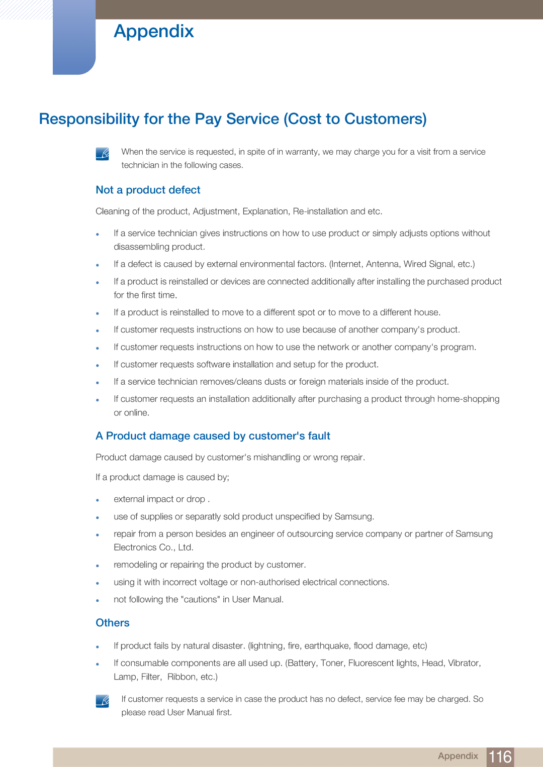 Samsung H32B, BN46-00281A-01, H40B, H46B Responsibility for the Pay Service Cost to Customers, Not a product defect, Others 