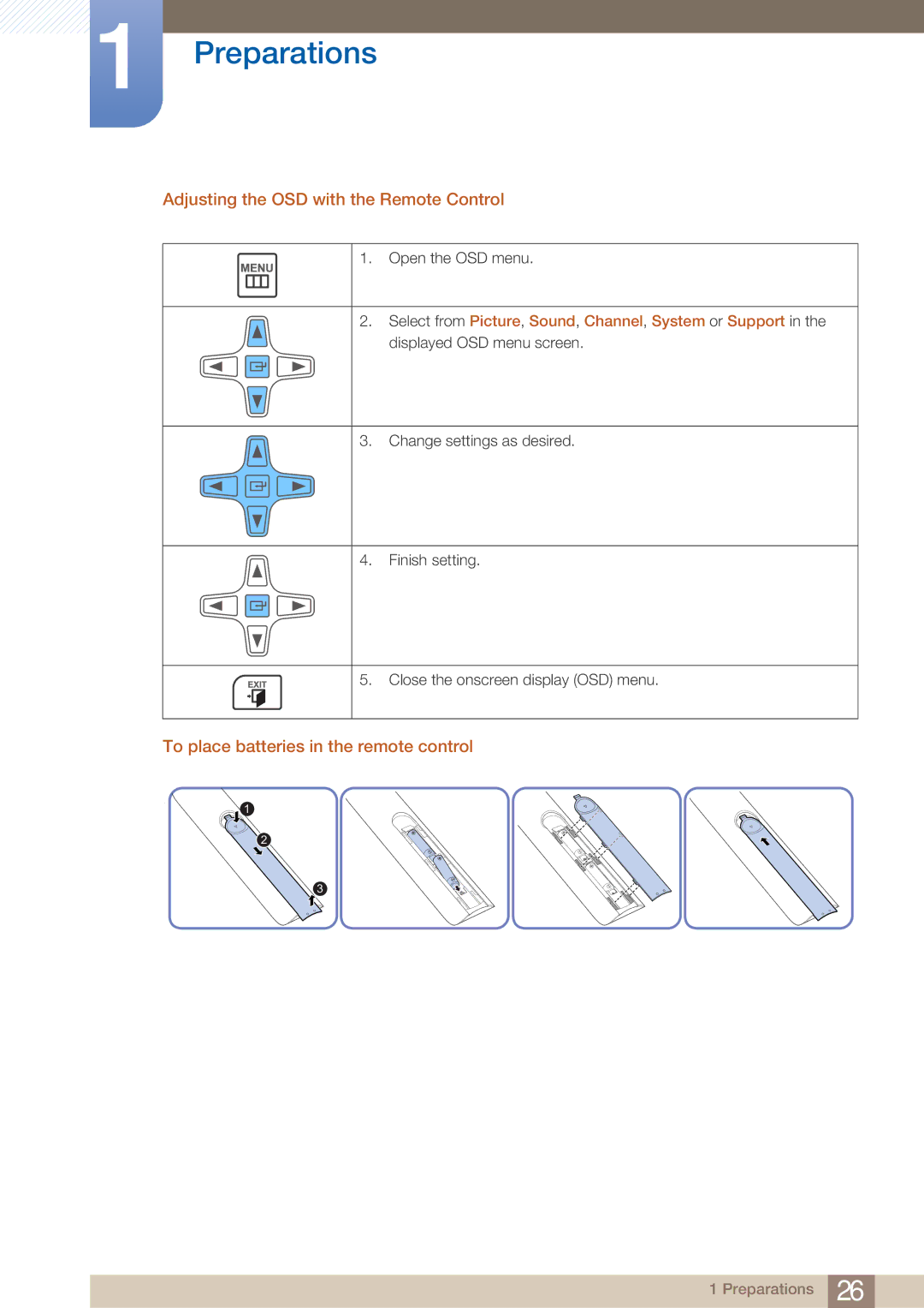 Samsung H32B, BN46-00281A-01, H40B, H46B Adjusting the OSD with the Remote Control, To place batteries in the remote control 