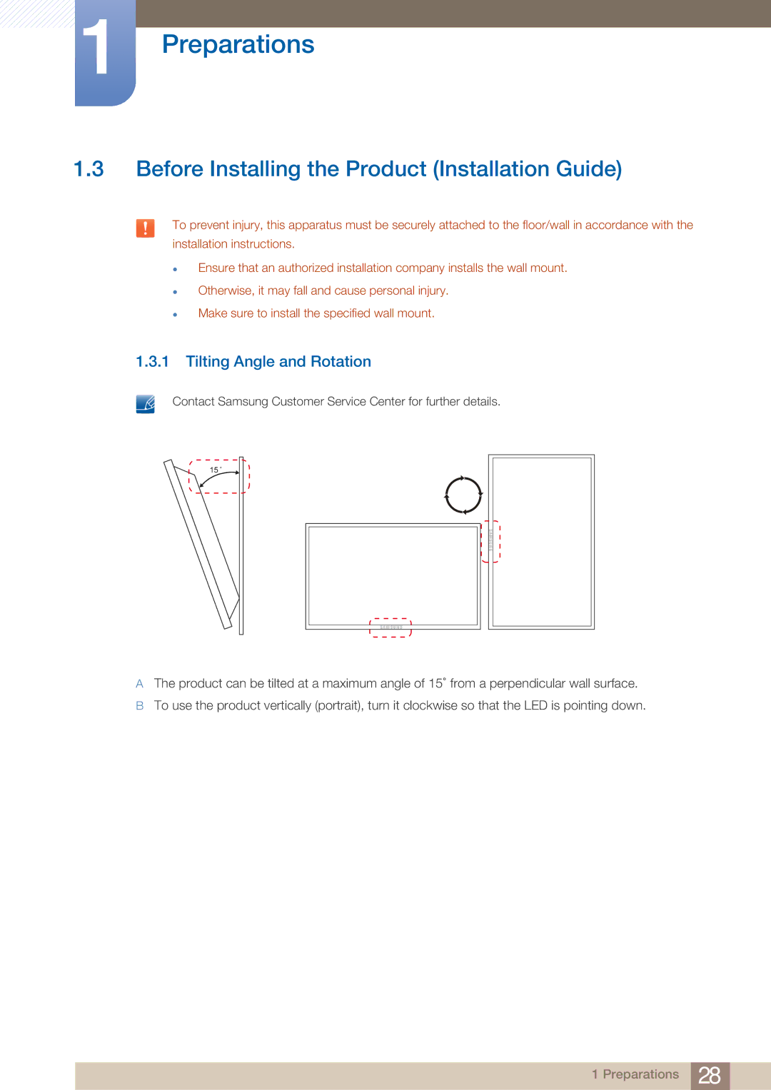 Samsung H46B, BN46-00281A-01, BN4600281A-01 Before Installing the Product Installation Guide, Tilting Angle and Rotation 