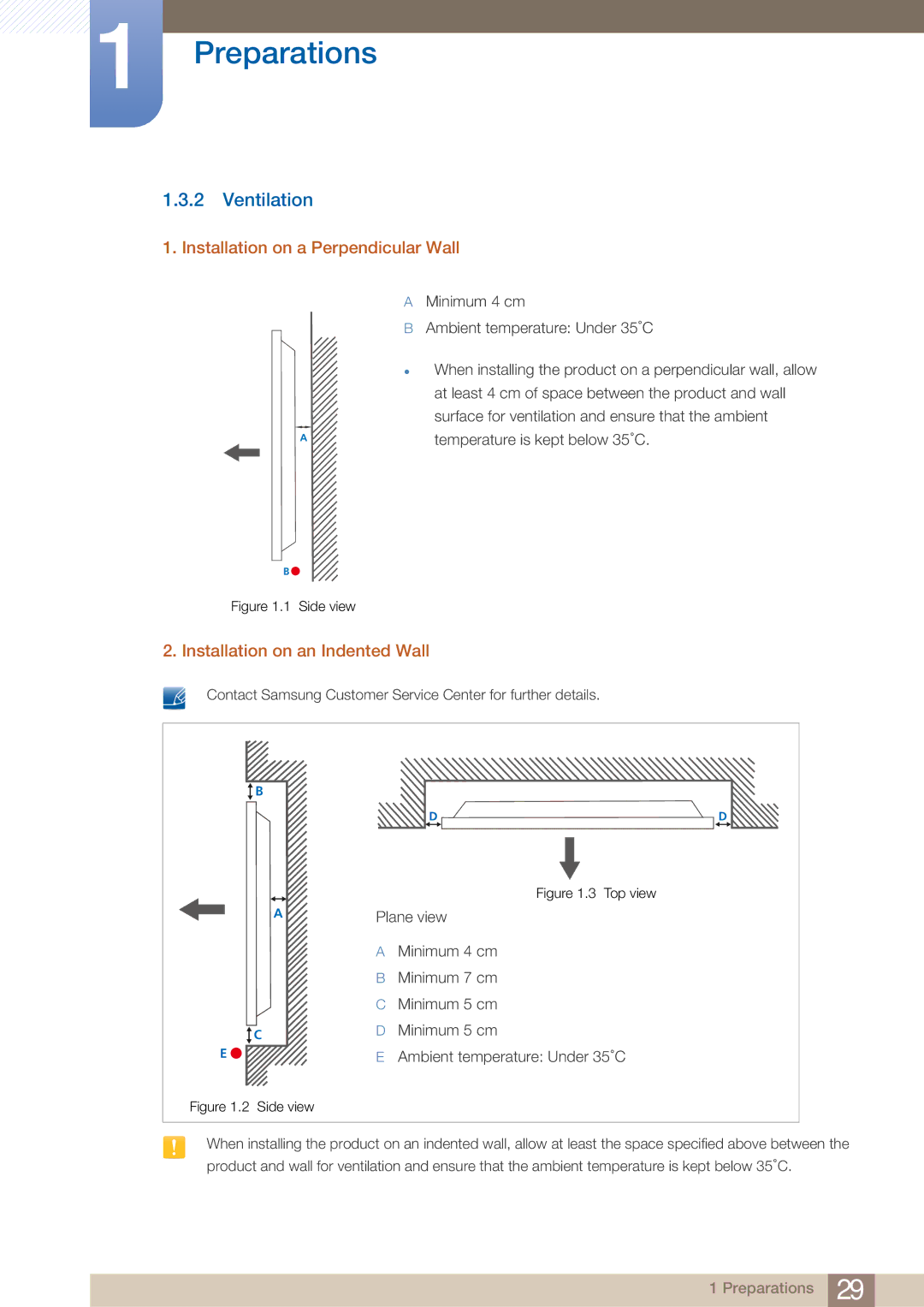 Samsung 32IN, BN46-00281A-01, H32B, H40B Ventilation, Installation on a Perpendicular Wall, Installation on an Indented Wall 