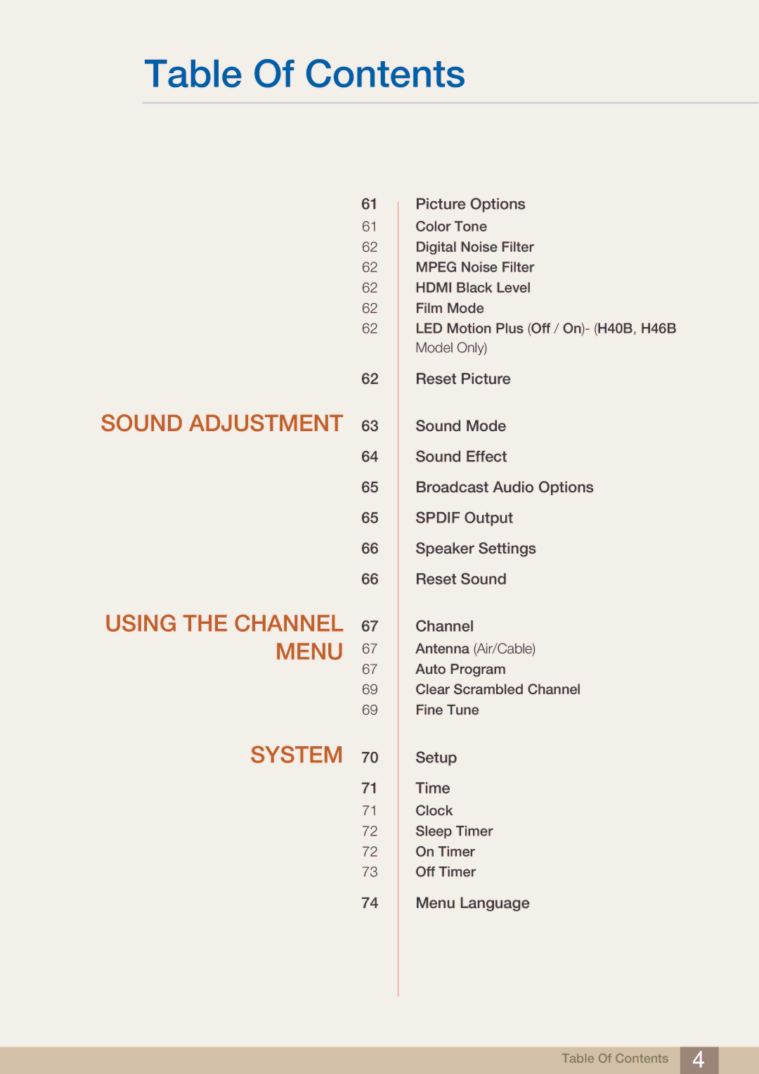 Samsung H46B, BN46-00281A-01, BN4600281A-01, H32B, H40B, 32IN user manual Sound Adjustment Using the Channel 67 Menu System 