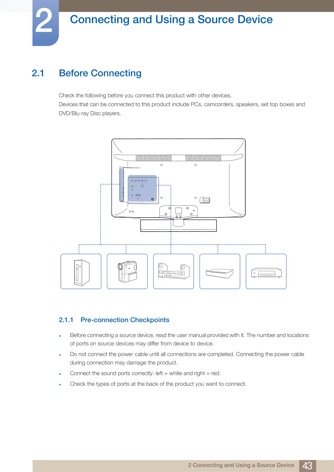 Samsung BN4600281A-01, BN46-00281A-01 Connecting and Using a Source Device, Before Connecting, Pre-connection Checkpoints 