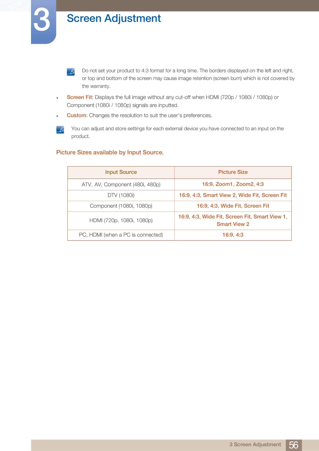 Samsung H32B, BN46-00281A-01, BN4600281A-01, H40B, H46B, 32IN user manual Picture Sizes available by Input Source 