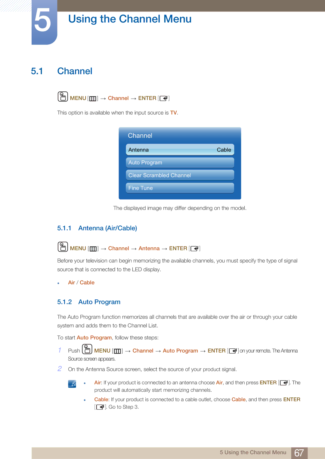 Samsung BN4600281A-01, BN46-00281A-01, H32B, H40B, H46B, 32IN Using the Channel Menu, Antenna Air/Cable, Auto Program 
