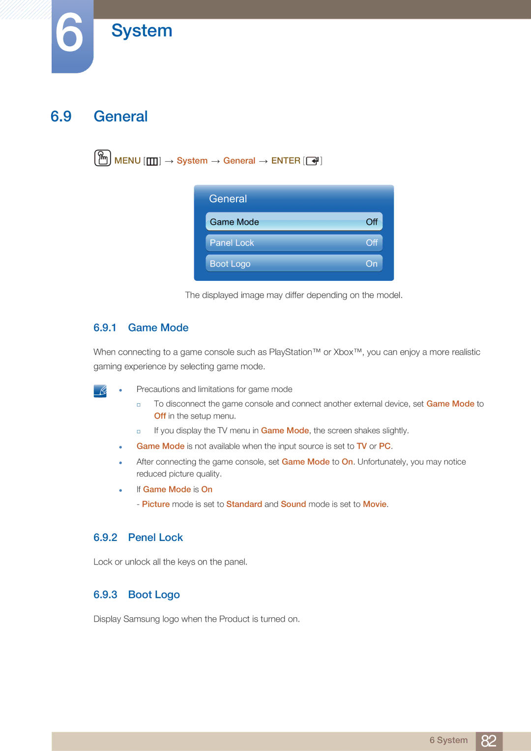 Samsung H46B, BN46-00281A-01, BN4600281A-01, H32B, H40B, 32IN user manual General, Game Mode, Penel Lock, Boot Logo 