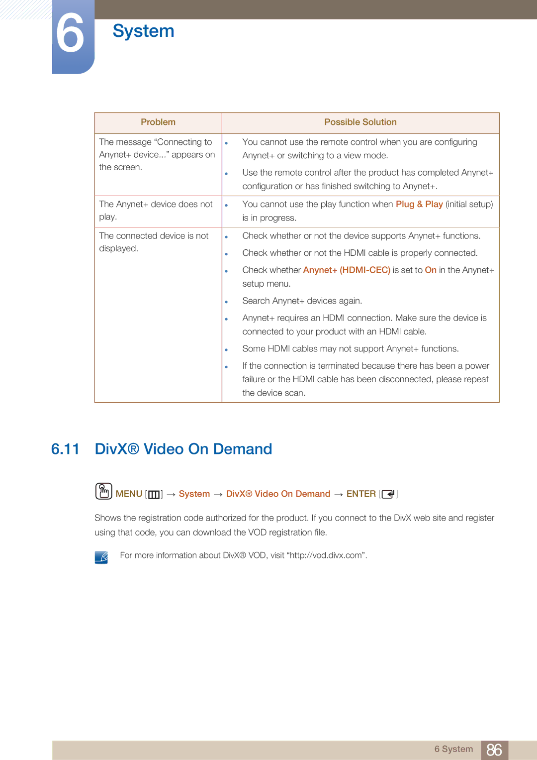 Samsung H32B, BN46-00281A-01, BN4600281A-01, H40B, H46B, 32IN user manual Menu m System DivX Video On Demand Enter 