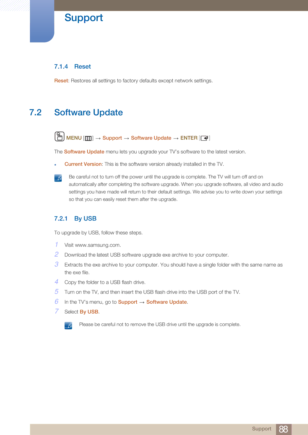 Samsung H46B, BN46-00281A-01, BN4600281A-01, H32B, H40B, 32IN Reset, By USB, Menu m Support Software Update Enter 