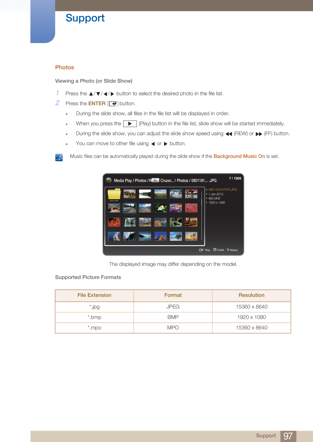 Samsung BN4600281A-01, BN46-00281A-01, H32B, H40B, H46B, 32IN user manual Photos, File Extension Format Resolution 