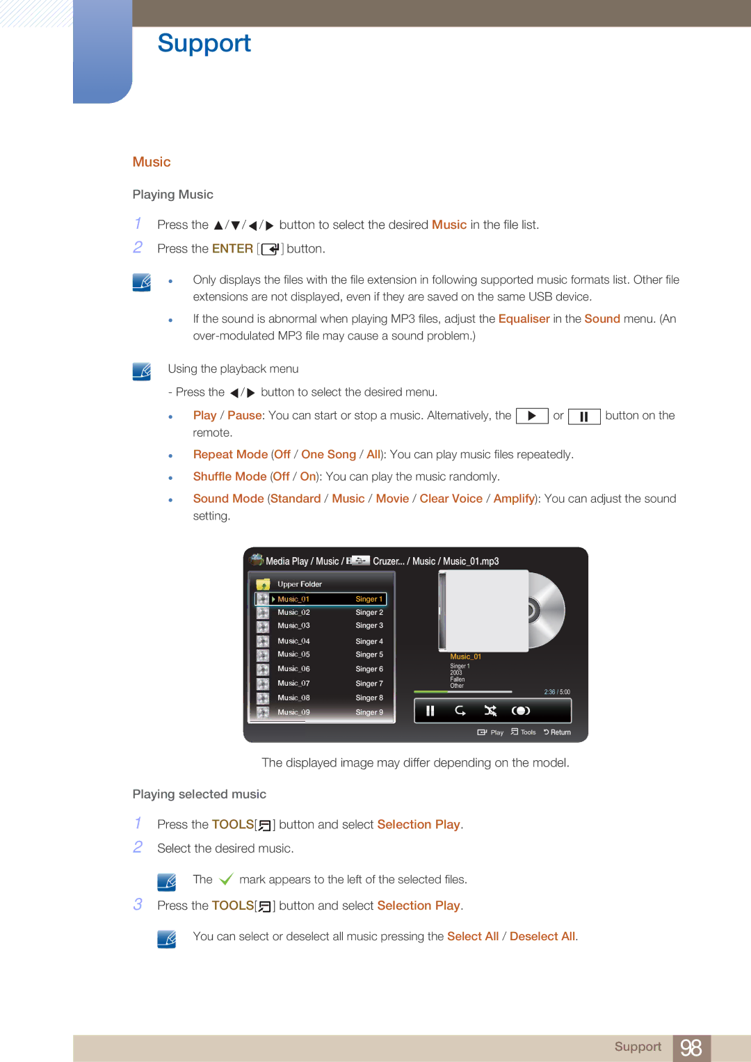 Samsung H32B, BN46-00281A-01, BN4600281A-01, H40B, H46B, 32IN user manual Playing Music 