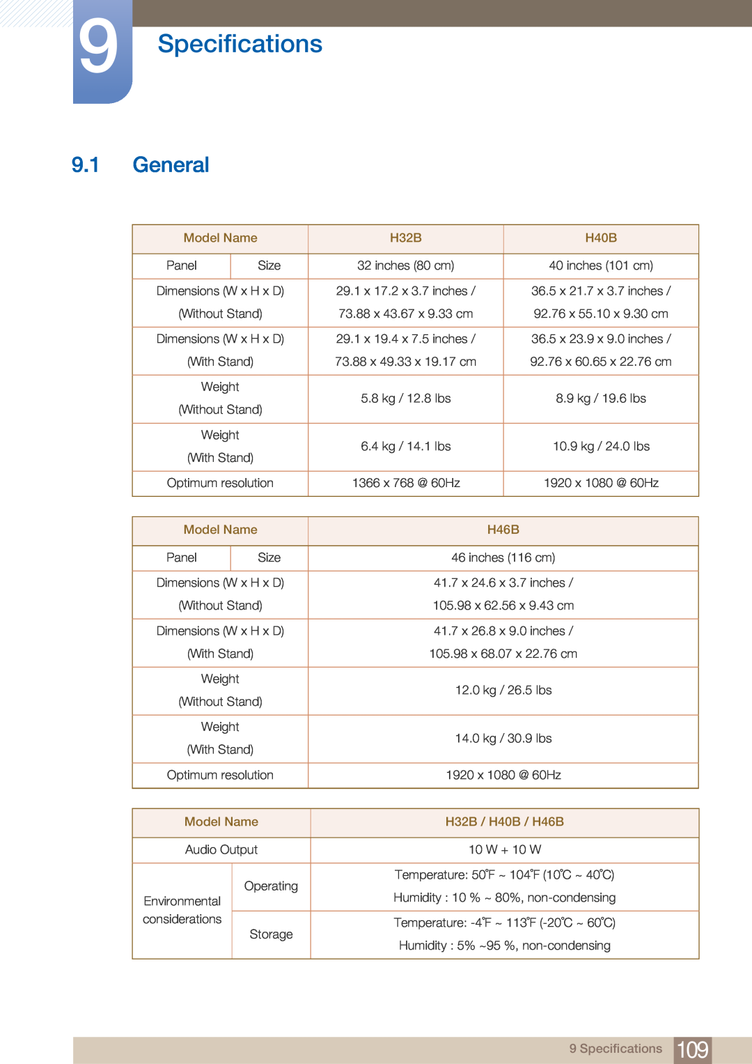 Samsung BN4600281A-01, BN46-00281A-01, H32B, H40B, H46B, 32IN user manual Specifications, General 