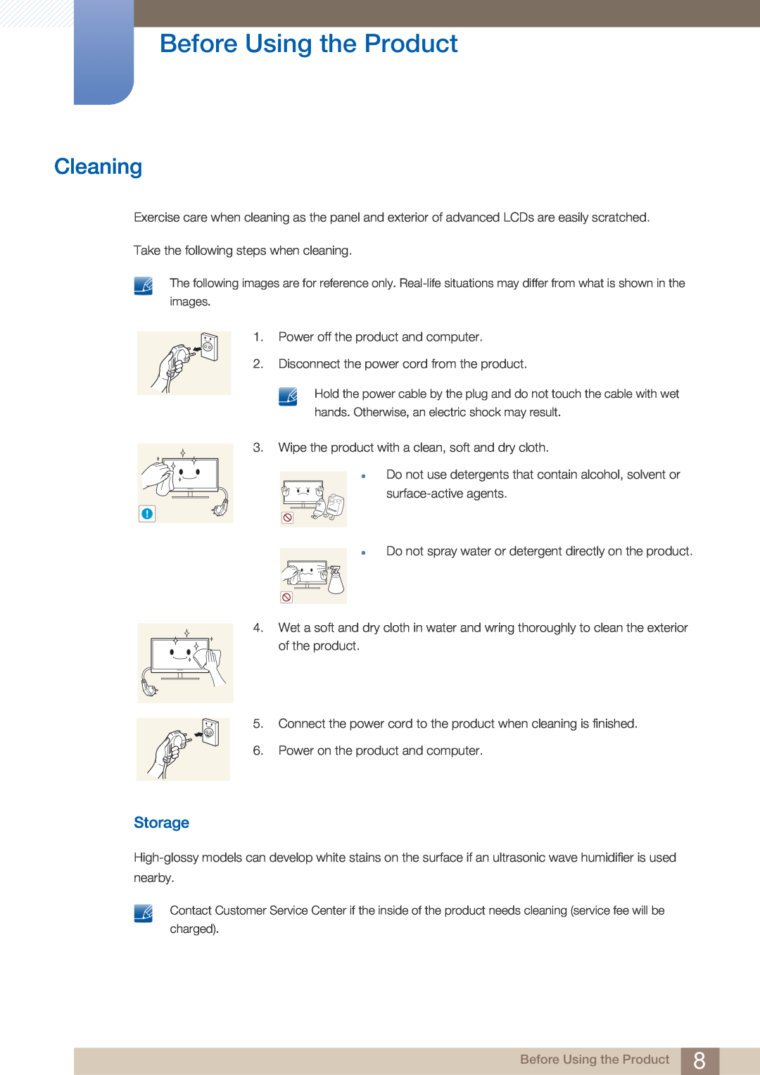 Samsung H32B, BN46-00281A-01, BN4600281A-01, H40B, H46B, 32IN user manual Cleaning, Storage, Before Using the Product 