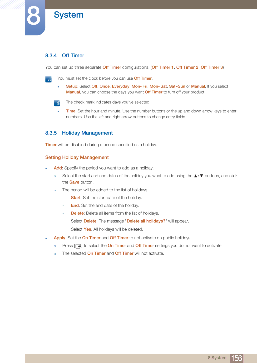 Samsung HE40A, BN4600098G03, HE46A, ME40B, ME32B, ME46B, ME55B user manual Off Timer, Setting Holiday Management 