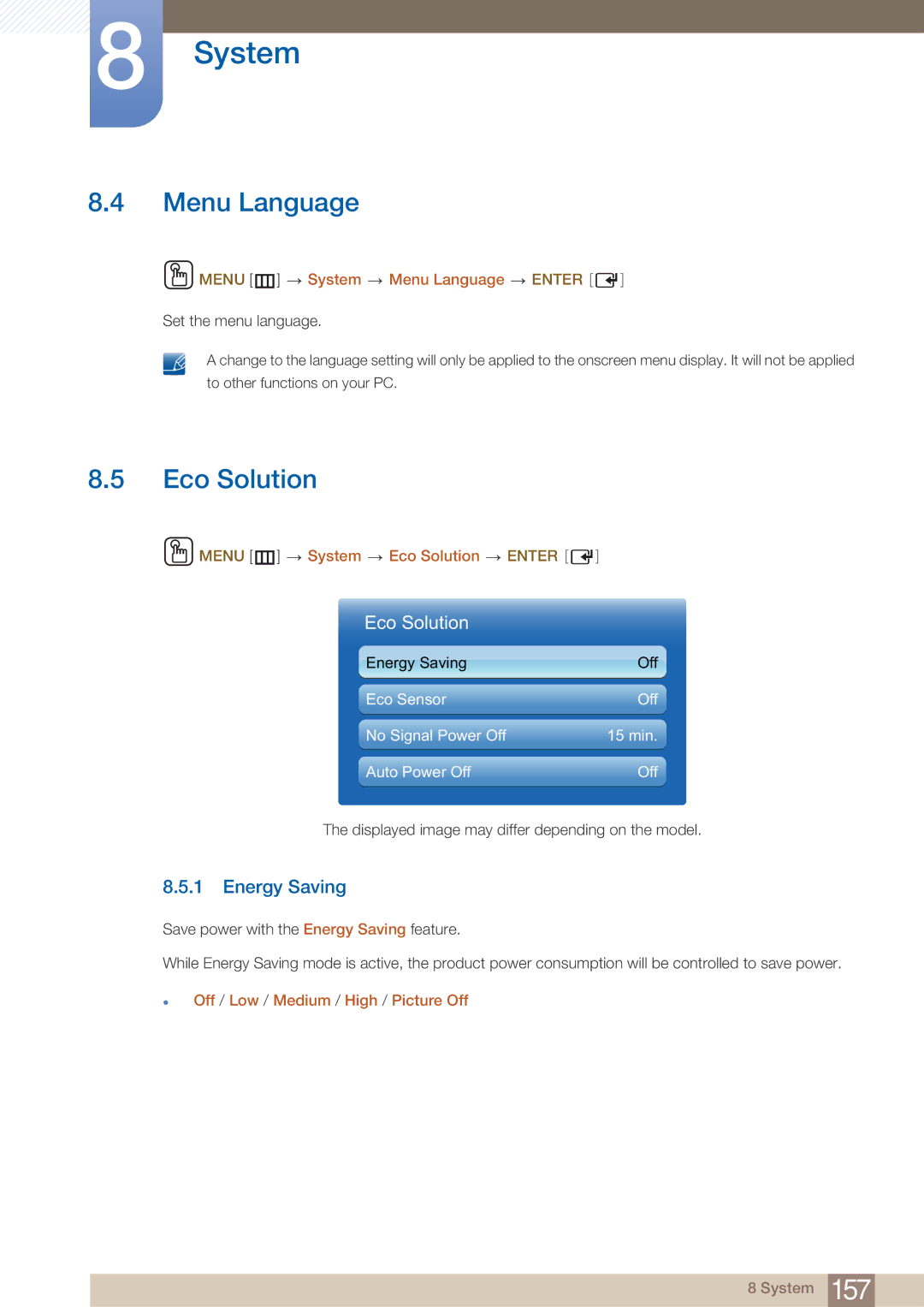 Samsung ME40B, BN4600098G03, HE46A, HE40A, ME32B, ME46B, ME55B user manual Menu Language, Eco Solution, Energy Saving 