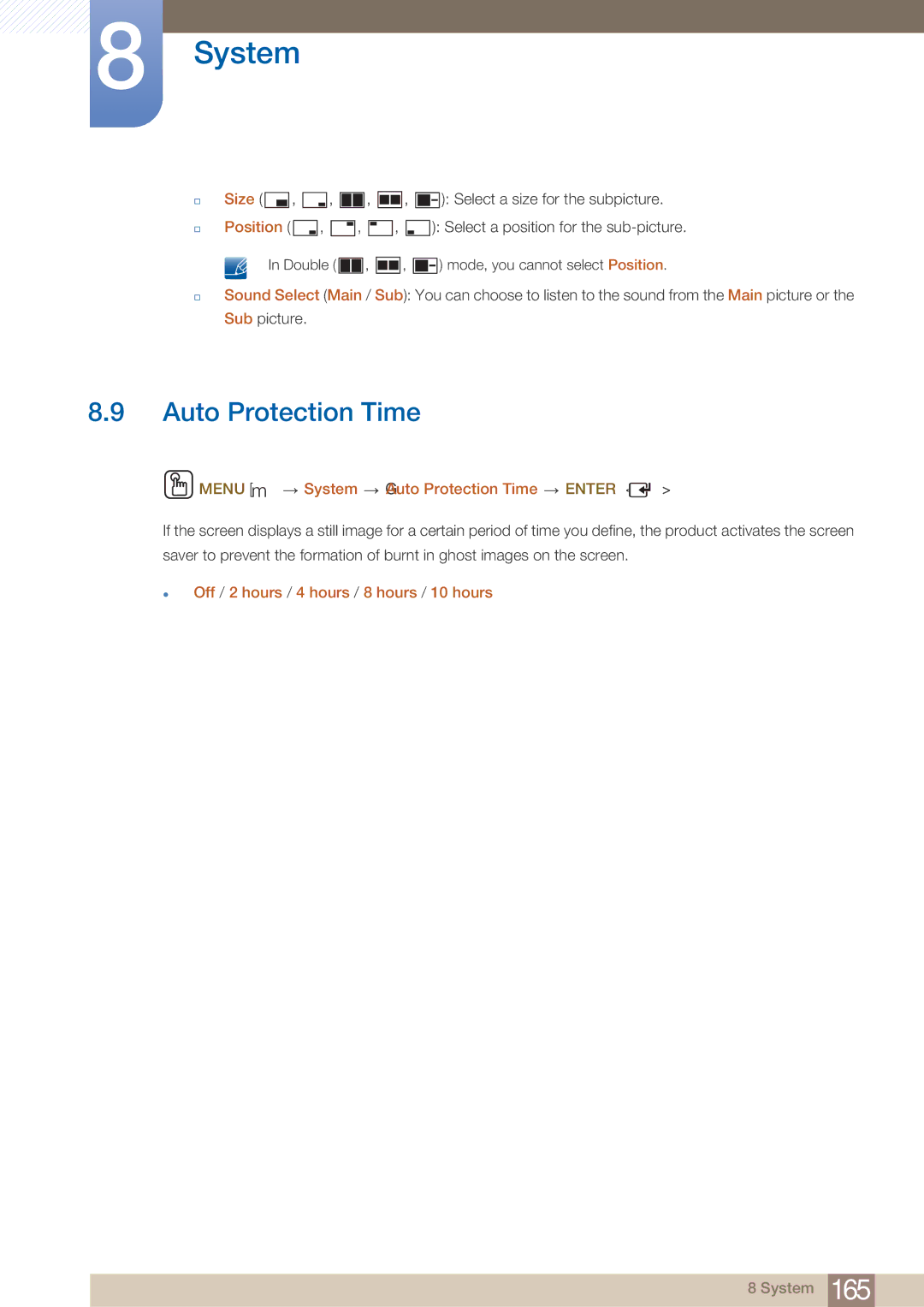 Samsung ME32B, BN4600098G03 Menu m System Auto Protection Time Enter, Off / 2 hours / 4 hours / 8 hours / 10 hours 