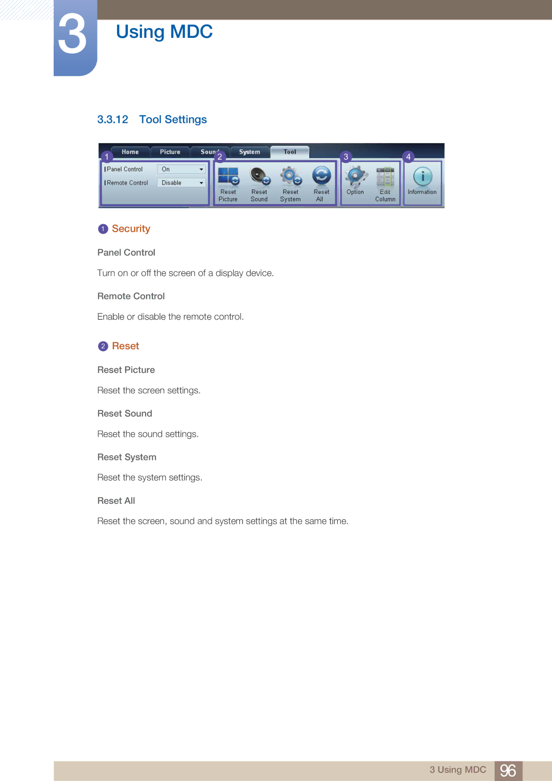 Samsung ME46B, BN4600098G03, HE46A, HE40A, ME40B, ME32B, ME55B user manual Tool Settings, Reset 