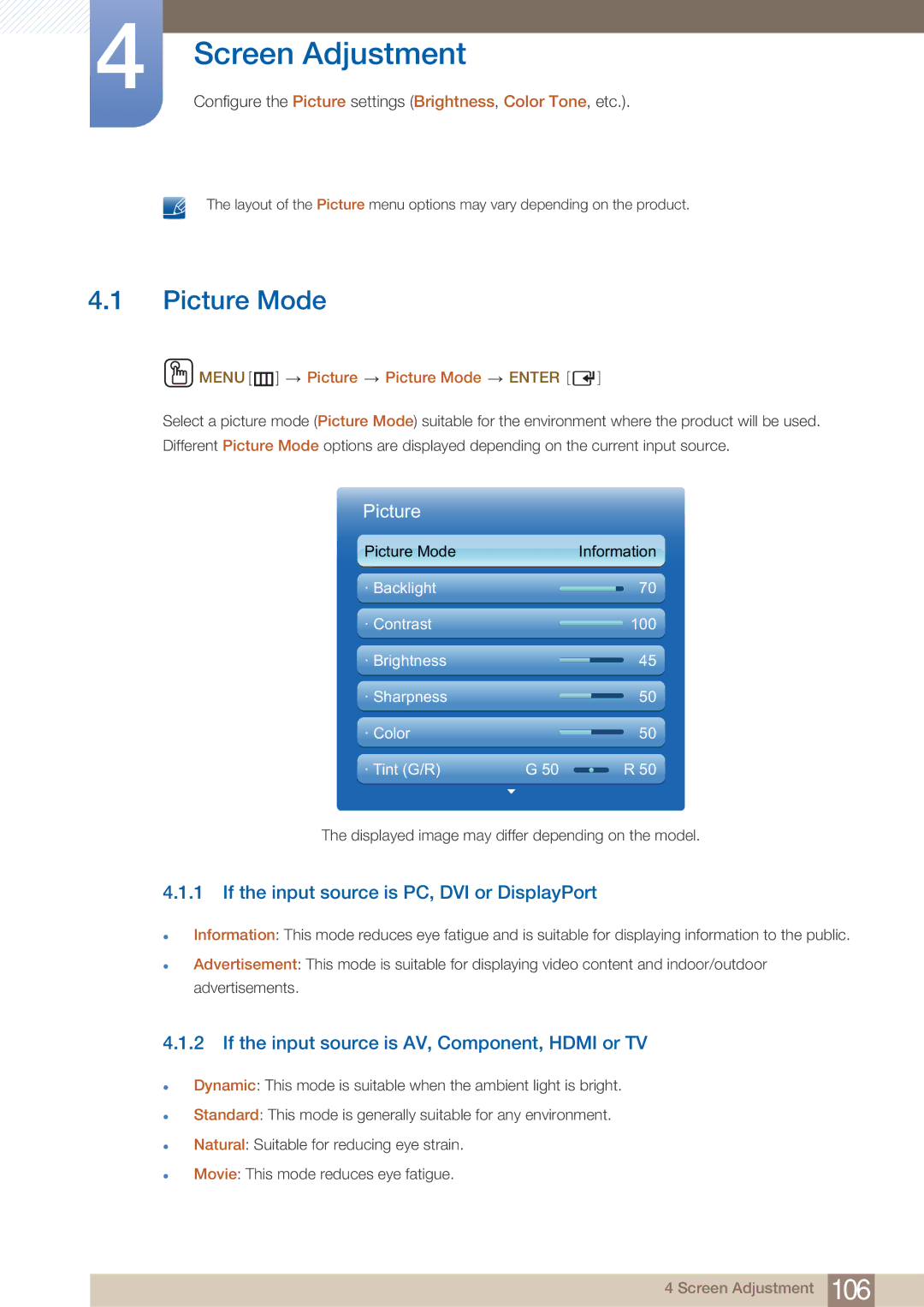 Samsung ME75B, BN4600098M01, ME65B user manual Screen Adjustment, Picture Mode, If the input source is PC, DVI or DisplayPort 