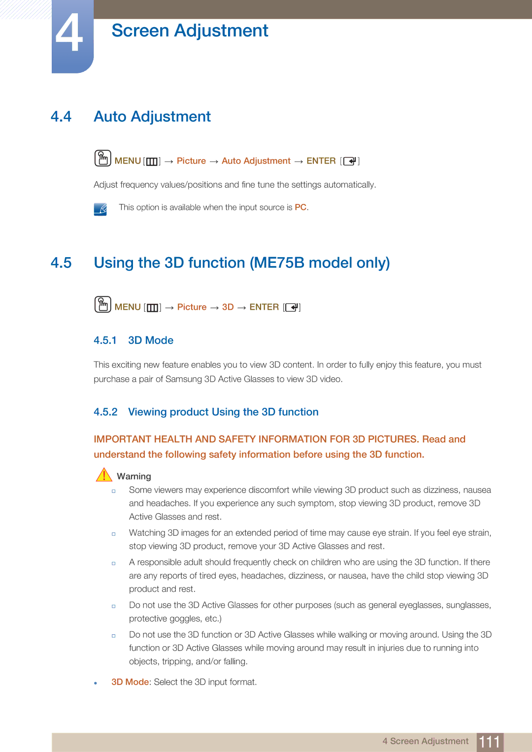 Samsung BN4600098M01, ME65B user manual Auto Adjustment, Using the 3D function ME75B model only, 1 3D Mode 