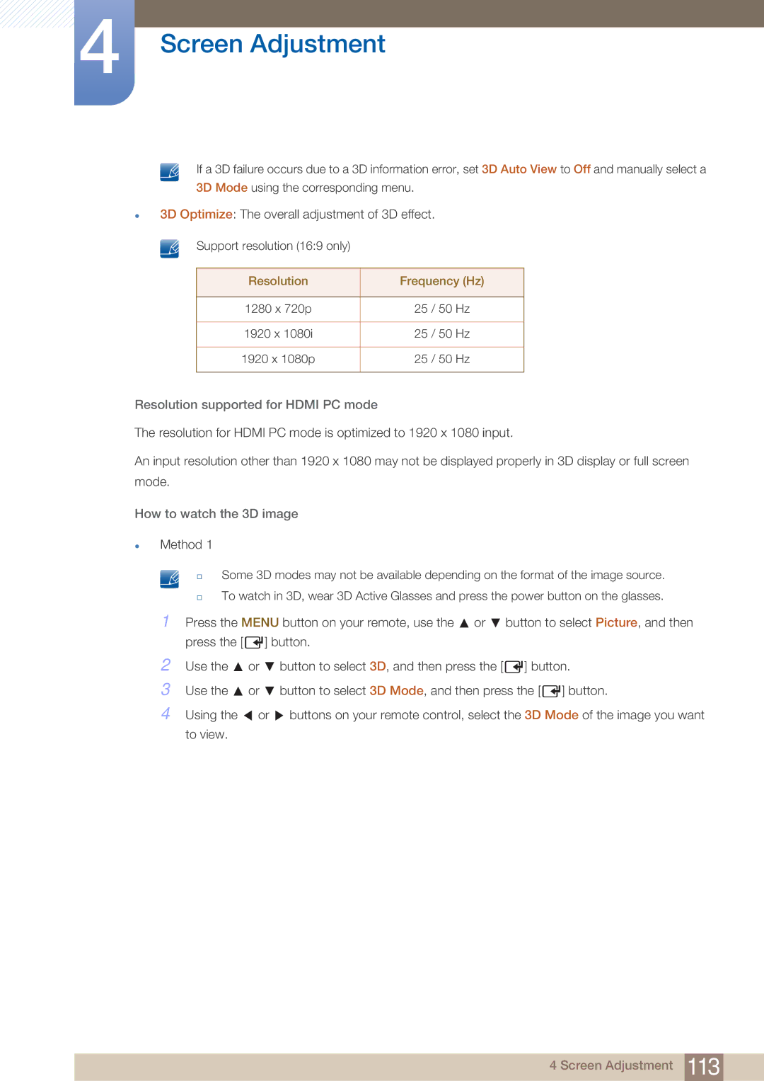 Samsung ME65B, BN4600098M01 Resolution Frequency Hz, Resolution supported for Hdmi PC mode, How to watch the 3D image 