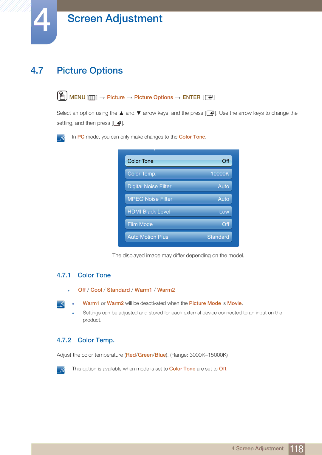 Samsung ME75B Color Tone, Color Temp, Menu m Picture Picture Options Enter, Off / Cool / Standard / Warm1 / Warm2 