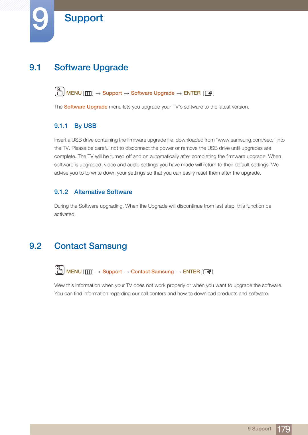 Samsung ME65B, BN4600098M01, ME75B user manual Support, Software Upgrade, Contact Samsung, By USB Alternative Software 