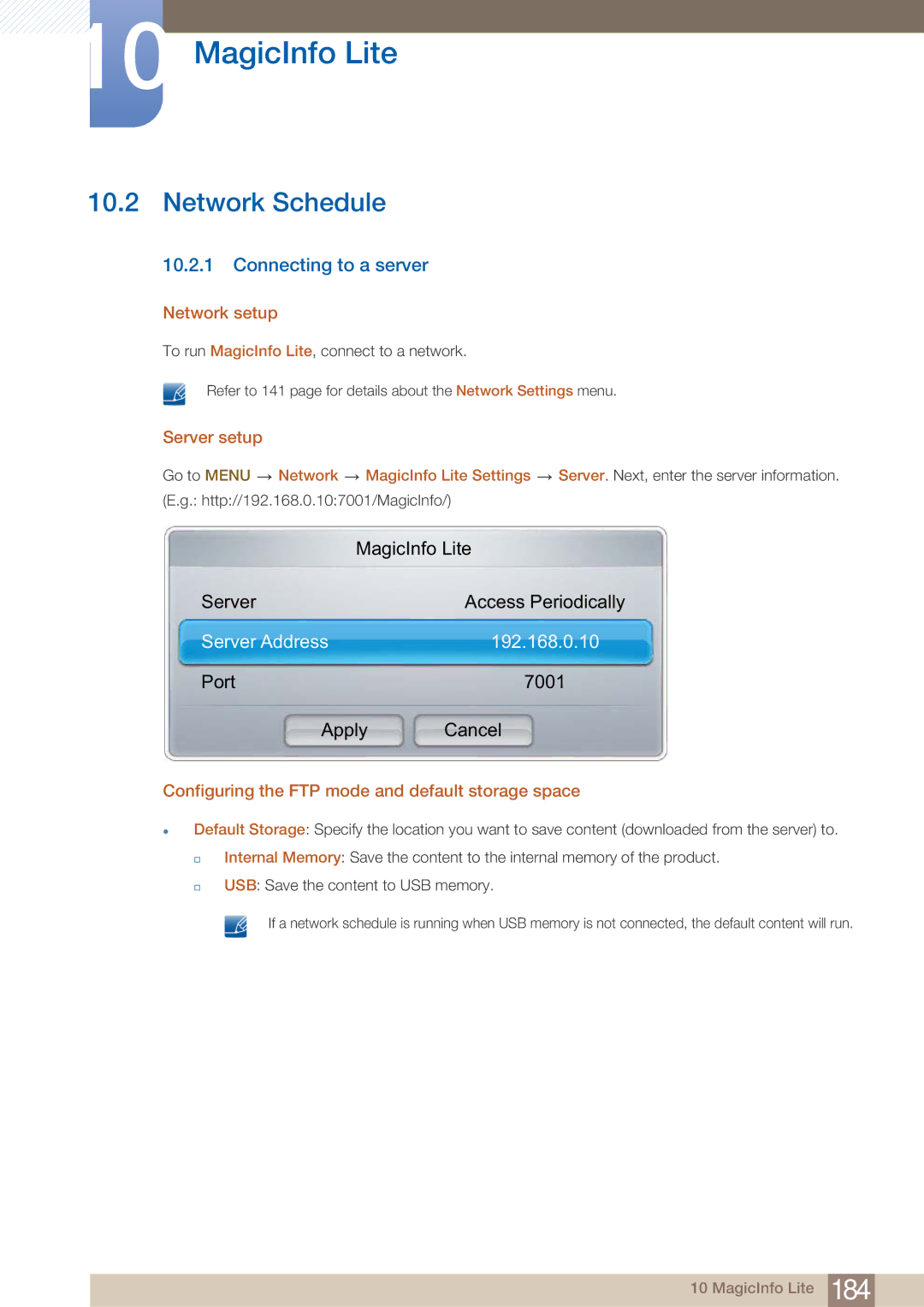 Samsung ME75B, BN4600098M01, ME65B user manual Network Schedule, Connecting to a server, Network setup, Server setup 