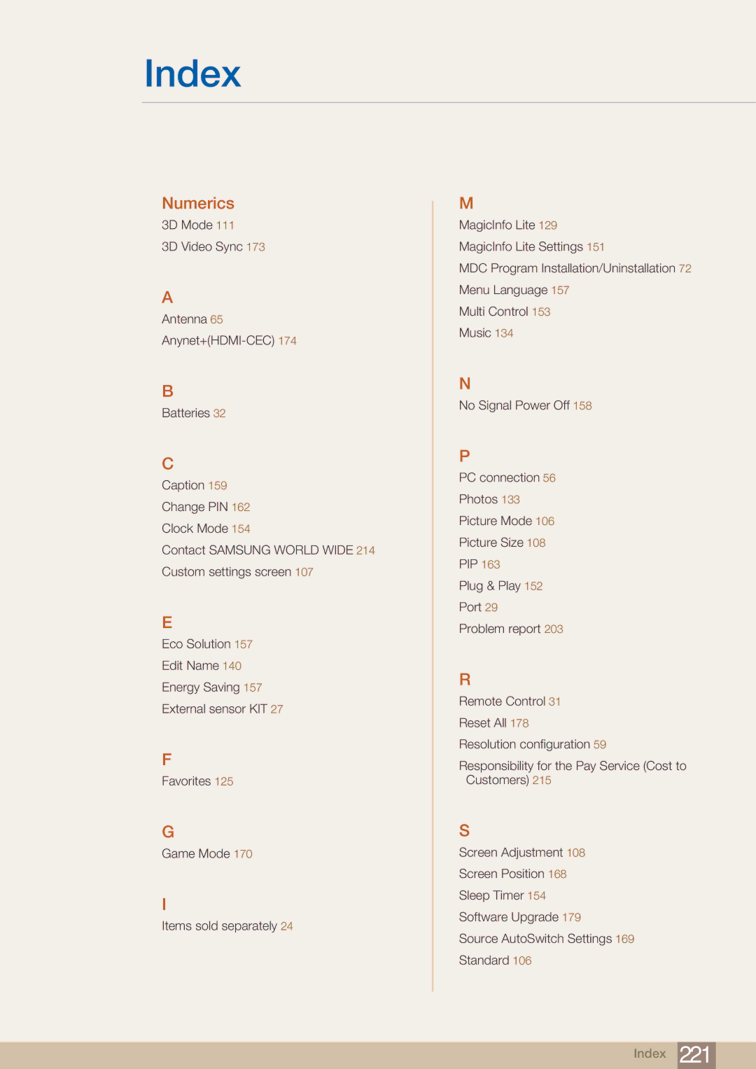 Samsung ME65B, BN4600098M01, ME75B user manual Index 