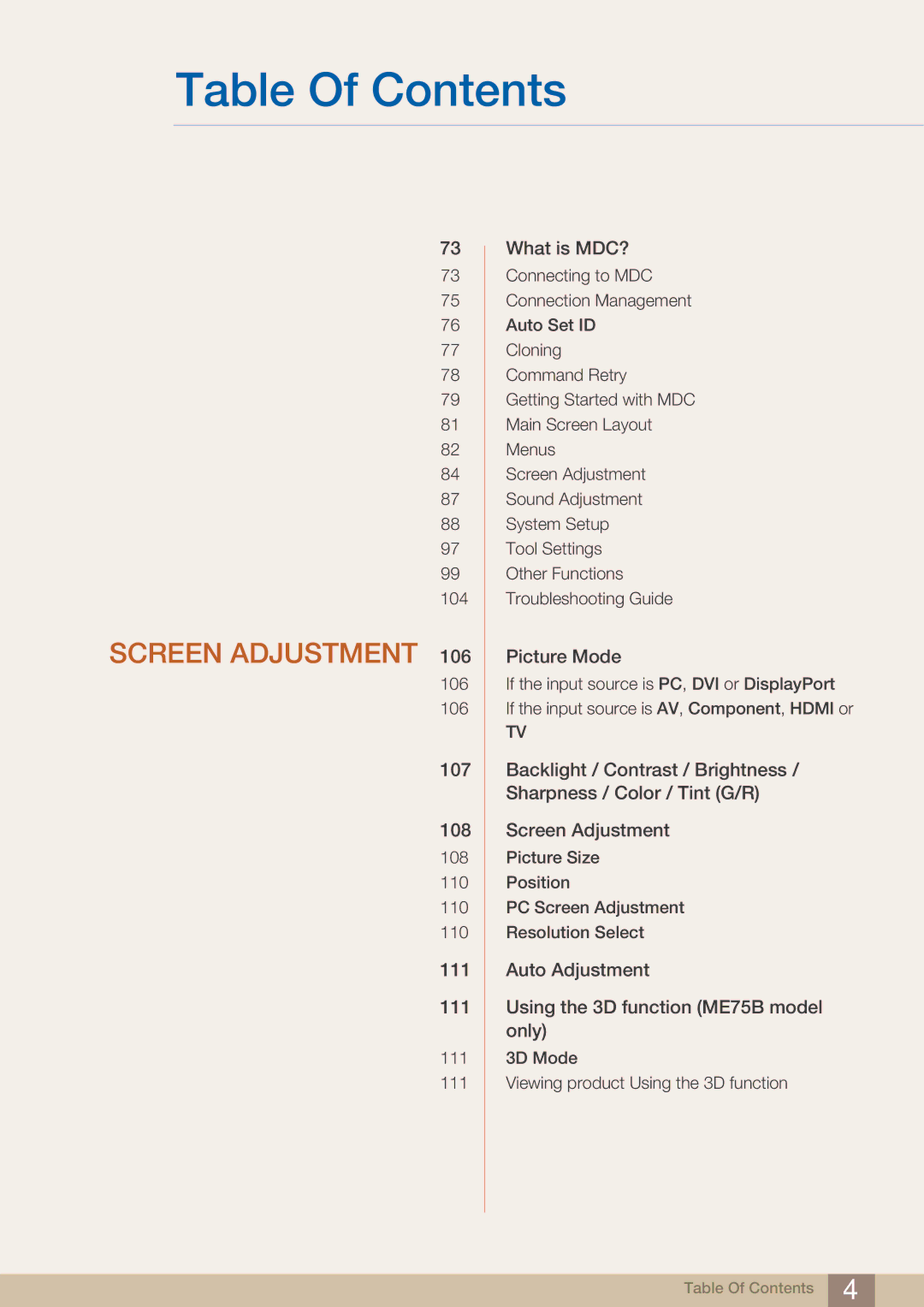 Samsung ME75B, BN4600098M01, ME65B user manual Screen Adjustment 