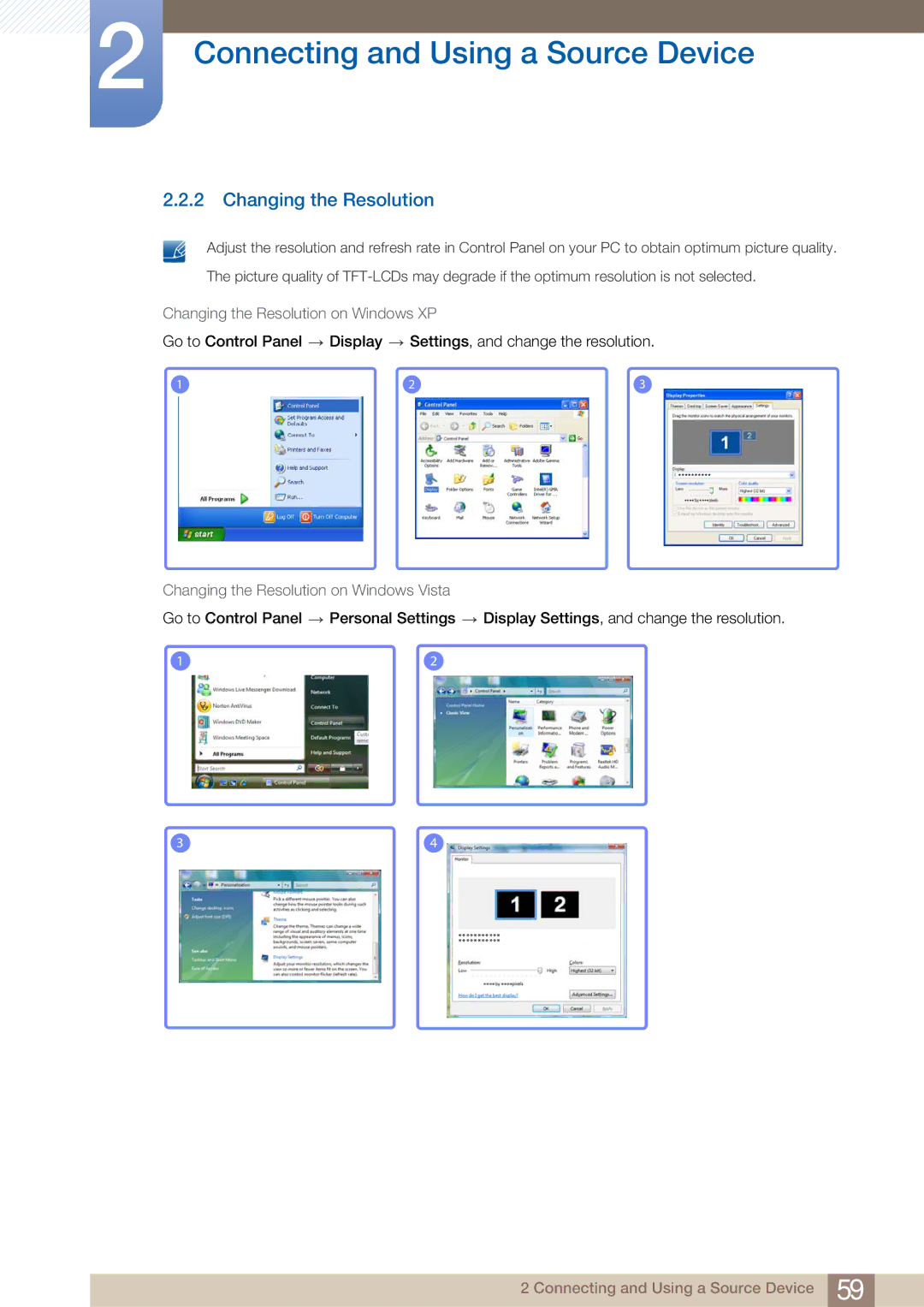 Samsung ME65B, BN4600098M01, ME75B Changing the Resolution on Windows XP, Changing the Resolution on Windows Vista 