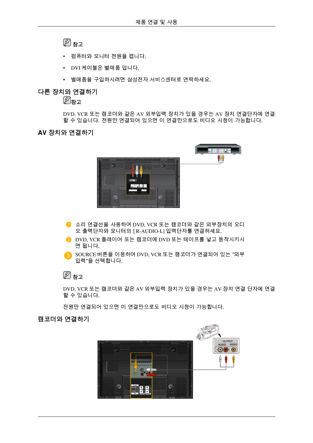 Samsung BN59-00786C-00 quick start 다른 장치와 연결하기, Av 장치와 연결하기, 캠코더와 연결하기 