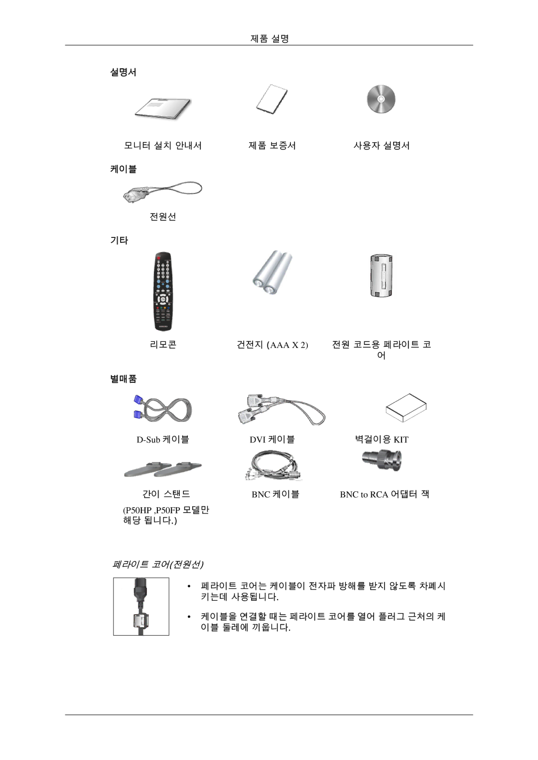 Samsung BN59-00786C-00 quick start 별매품, 페라이트 코어전원선 