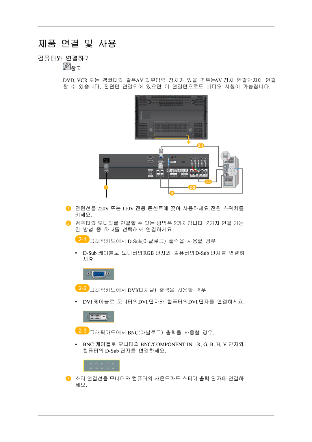 Samsung BN59-00786C-01 manual 제품 연결 및 사용, 컴퓨터와 연결하기 