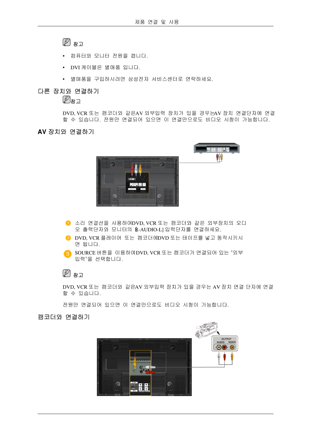 Samsung BN59-00786C-01 manual 다른 장치와 연결하기, Av 장치와 연결하기, 캠코더와 연결하기 