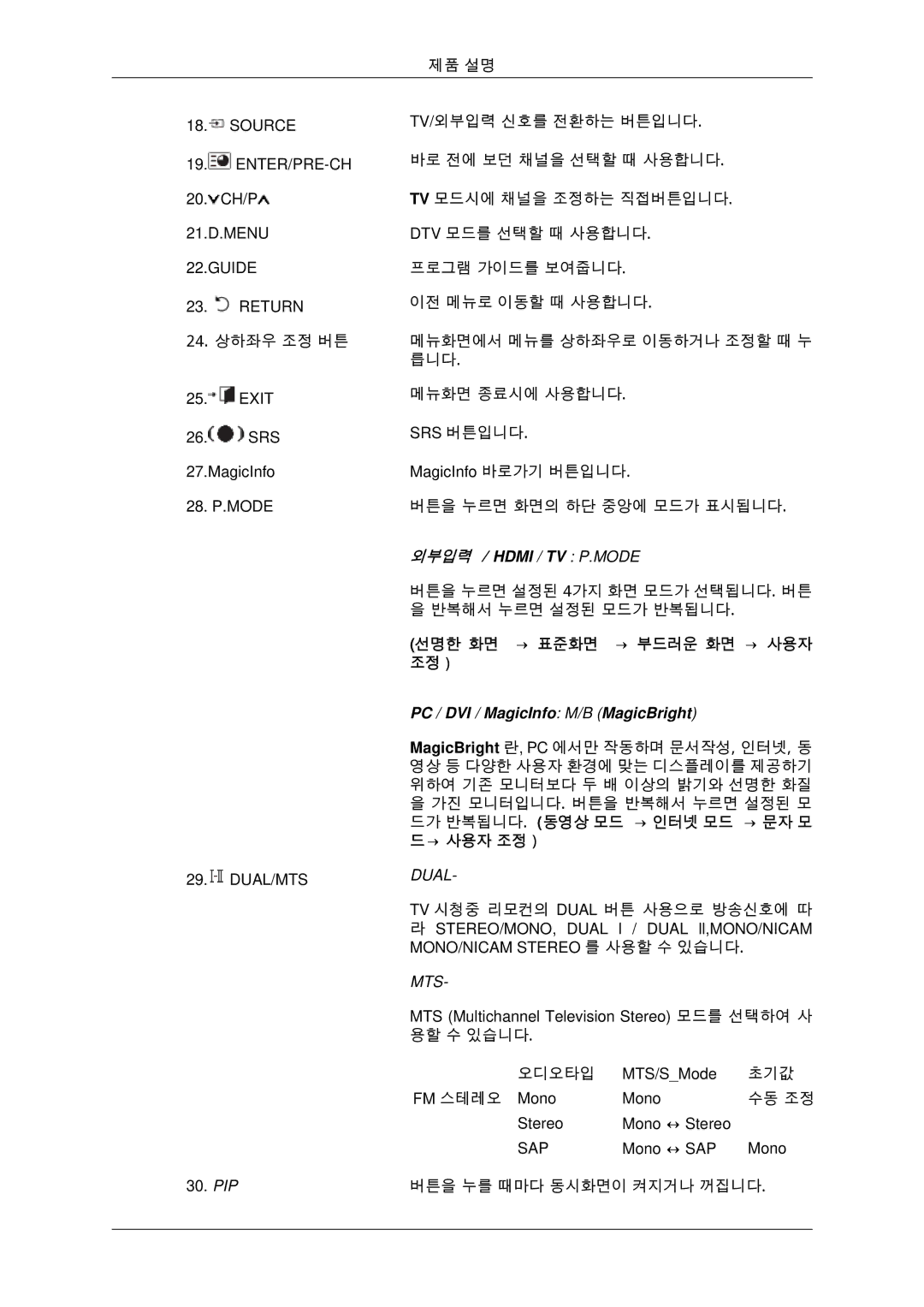 Samsung BN59-00806D-01 manual 21.D.MENU Guide Return, 선명한 화면 → 표준화면 → 부드러운 화면 → 사용자 조정 