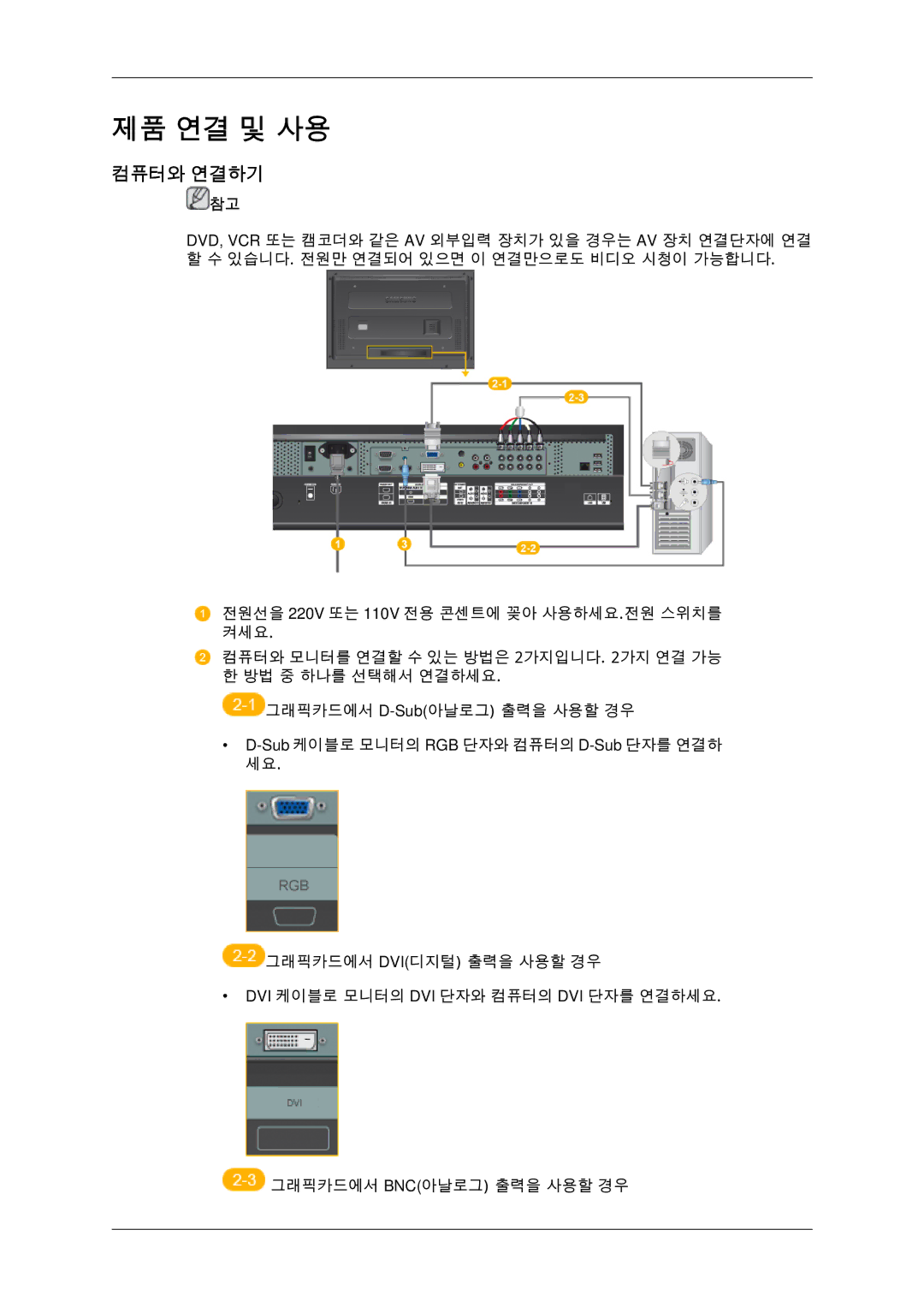 Samsung BN59-00806D-01 manual 제품 연결 및 사용, 컴퓨터와 연결하기 